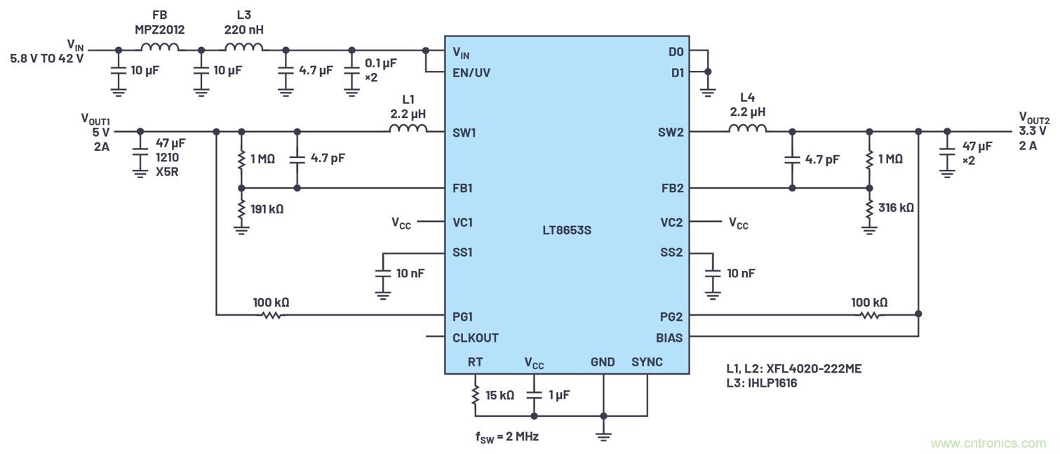 具有6.2 µA靜態(tài)電流的雙通道、42 V、2 A、單片、同步降壓型Silent Switcher 2穩(wěn)壓器